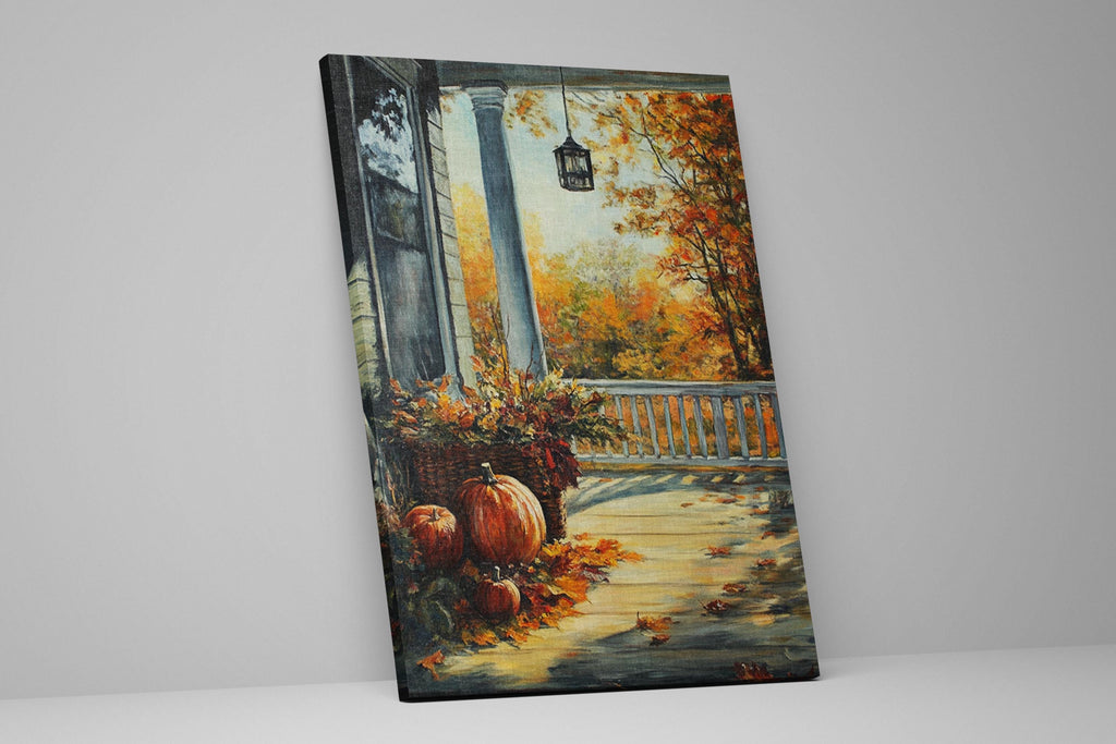 The image is a painting depicting a porch with a railing and a lantern hanging from it, surrounded by autumn foliage. The porch is decorated with pumpkins and other fall-themed items, creating a warm and inviting atmosphere.