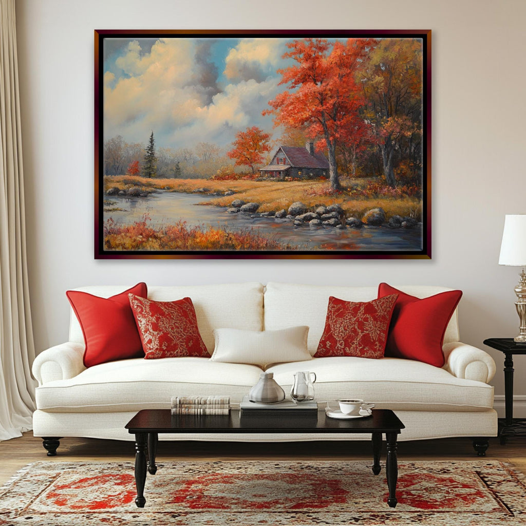 Fall Scene Wall Art – Extra Large Framed Canvas Print | Rustic Farmhouse Decor
