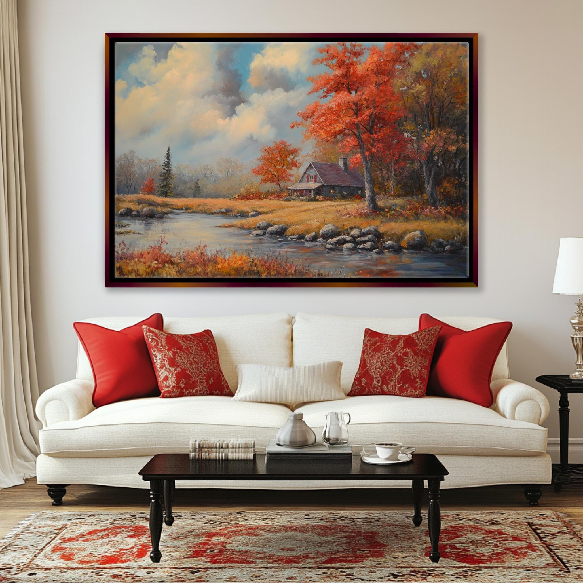 Fall Scene Wall Art – Extra Large Framed Canvas Print | Rustic Farmhouse Decor