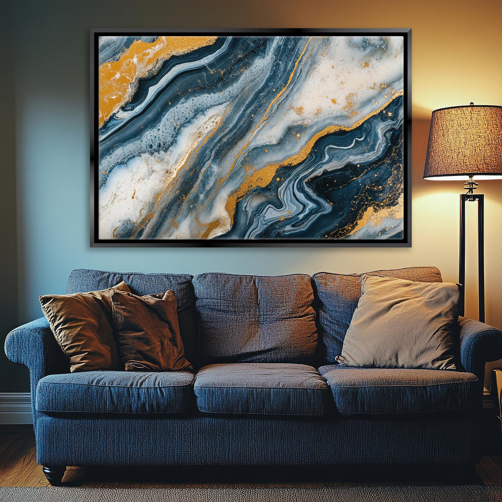 a living room with a couch and a painting on the wall