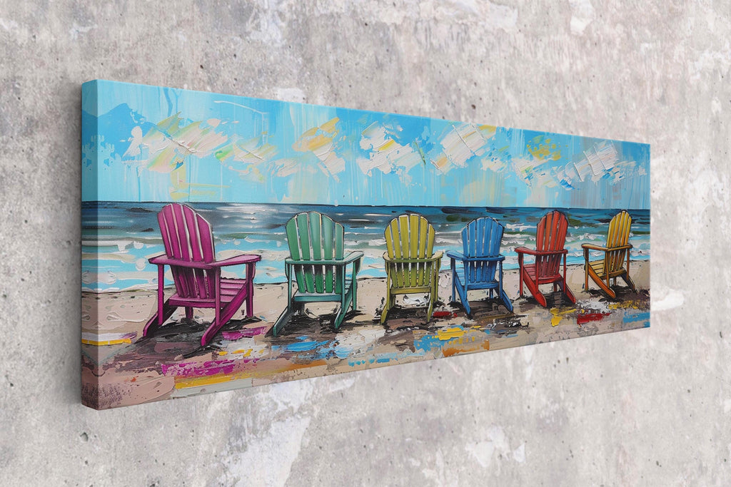 a painting of four colorful chairs on a beach