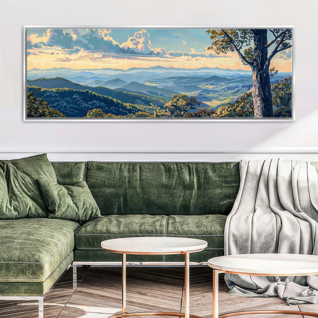 a living room with a green couch and a painting on the wall
