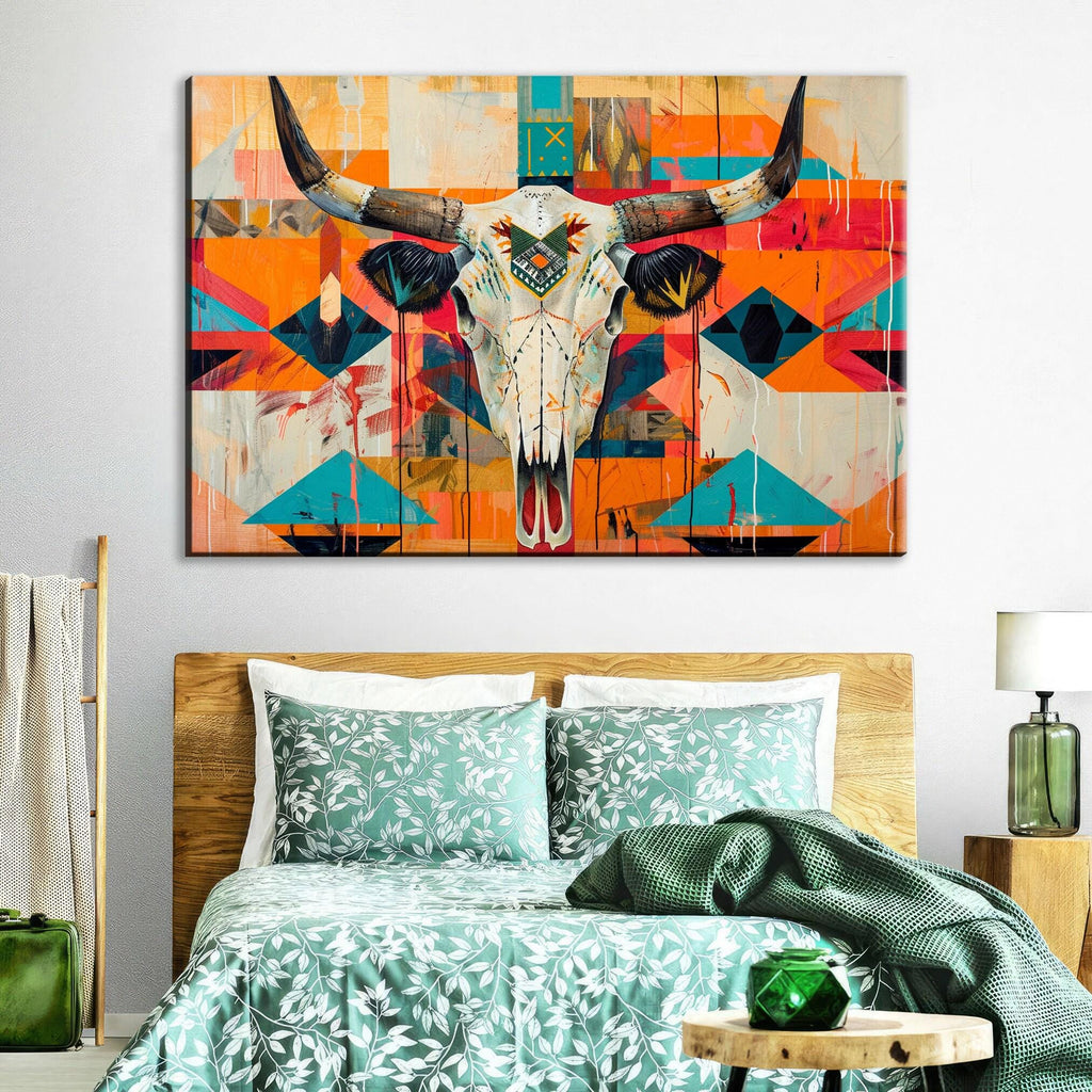 Native Cow Skull Art – Southwest Native Art on Extra Large Gallery Wrapped Canvas