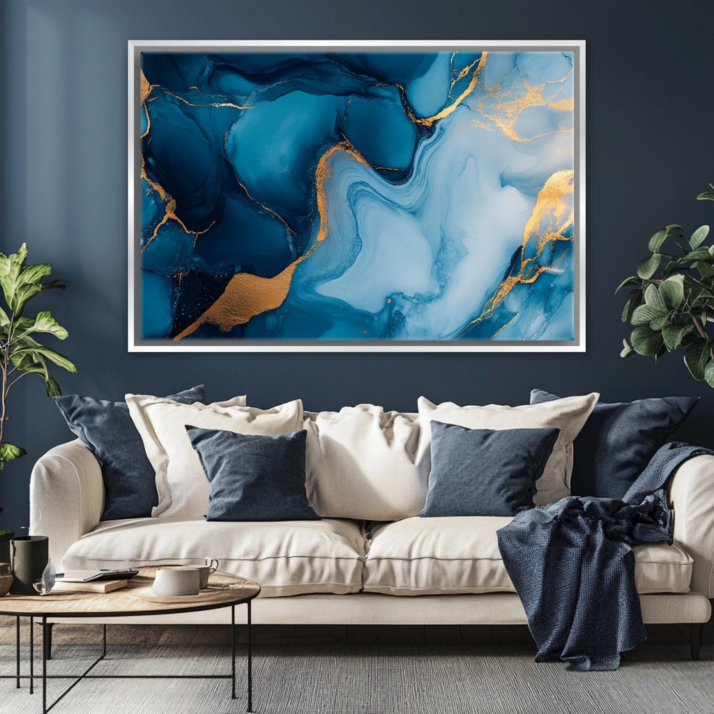 a living room with a couch and a painting on the wall