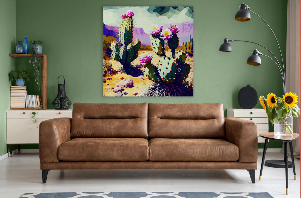 Desert Cactus Art – Purple Green Cactus Blossom on Gallery Wrapped Canvas, Ready to Hang