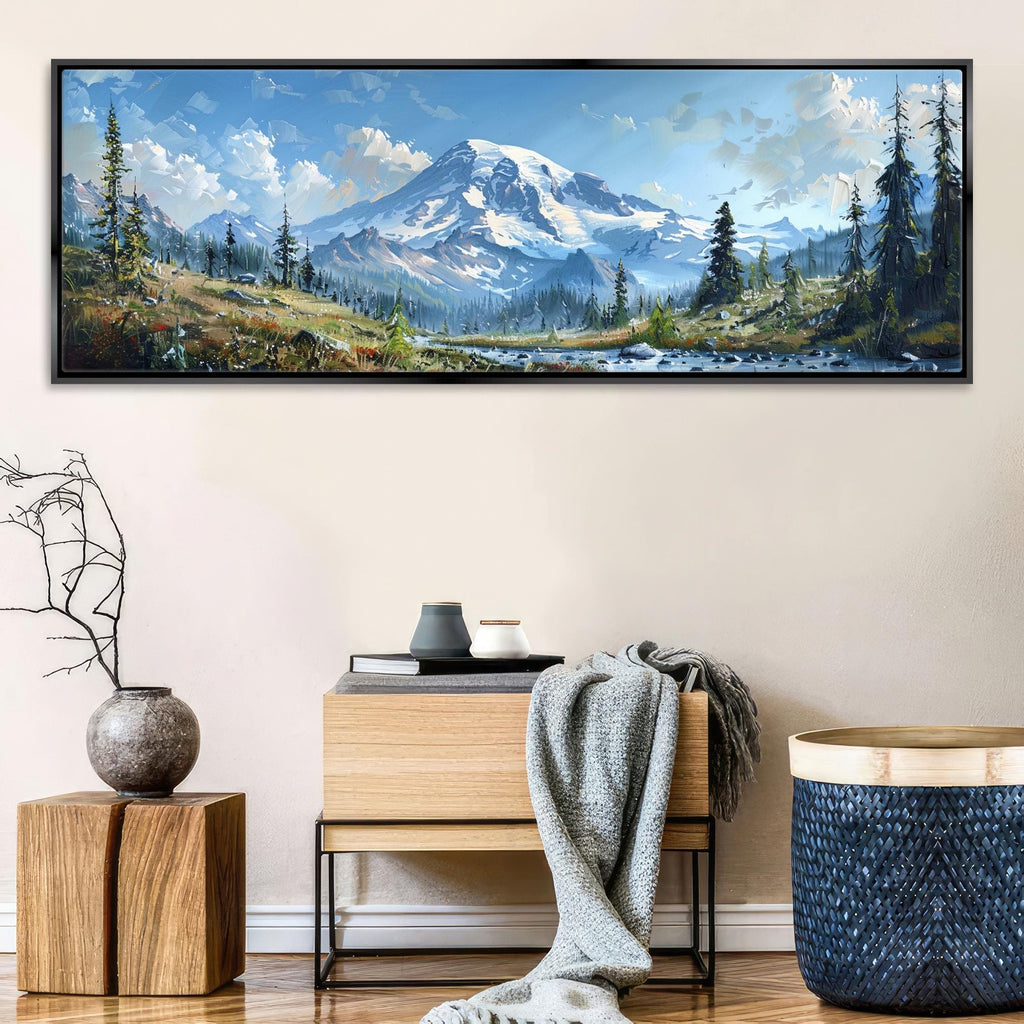 a large landscape painting hanging on a wall, depicting a snowy mountain range with pine trees and a river in the foreground.