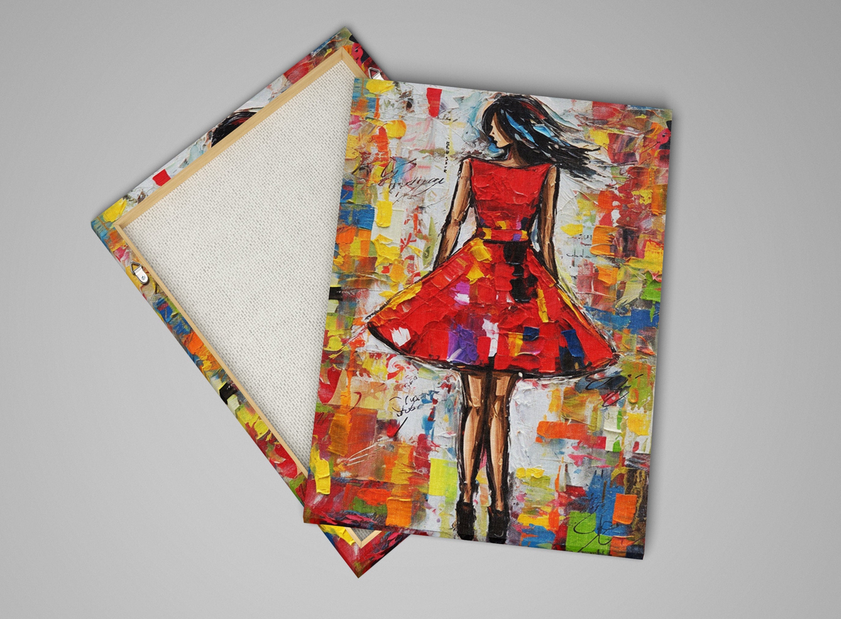 Red Dress Wall Art – Elegant Feminine Canvas Print with Impasto Painting