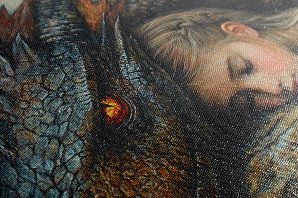 a close up of a painting of a woman and an elephant