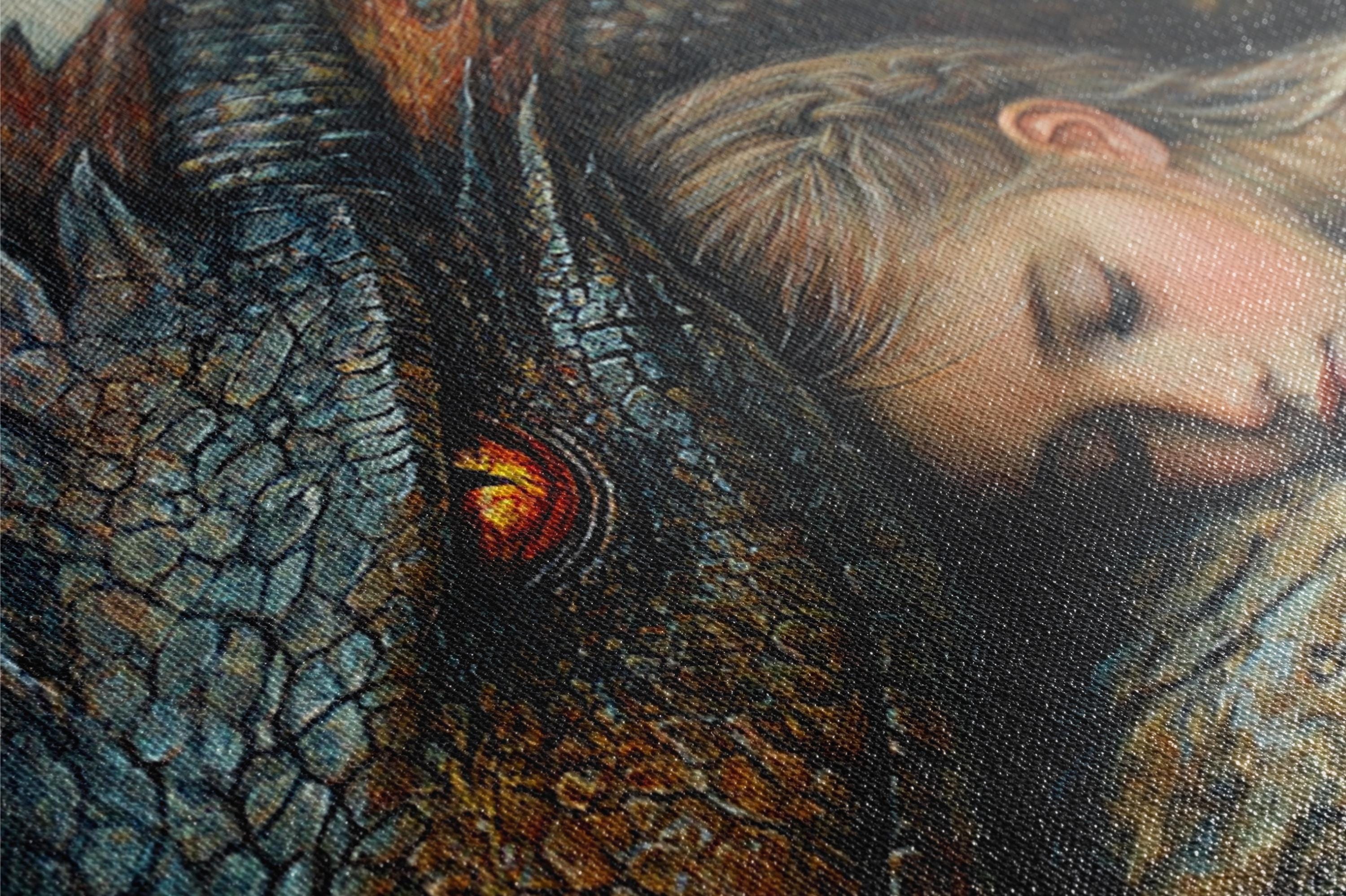 a close up of a painting of a woman and an elephant