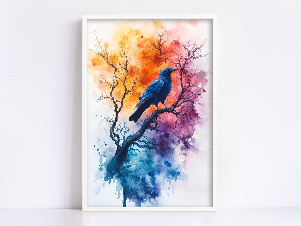 A framed watercolor painting depicting a blue bird perched on a tree branch against a colorful, abstract background.