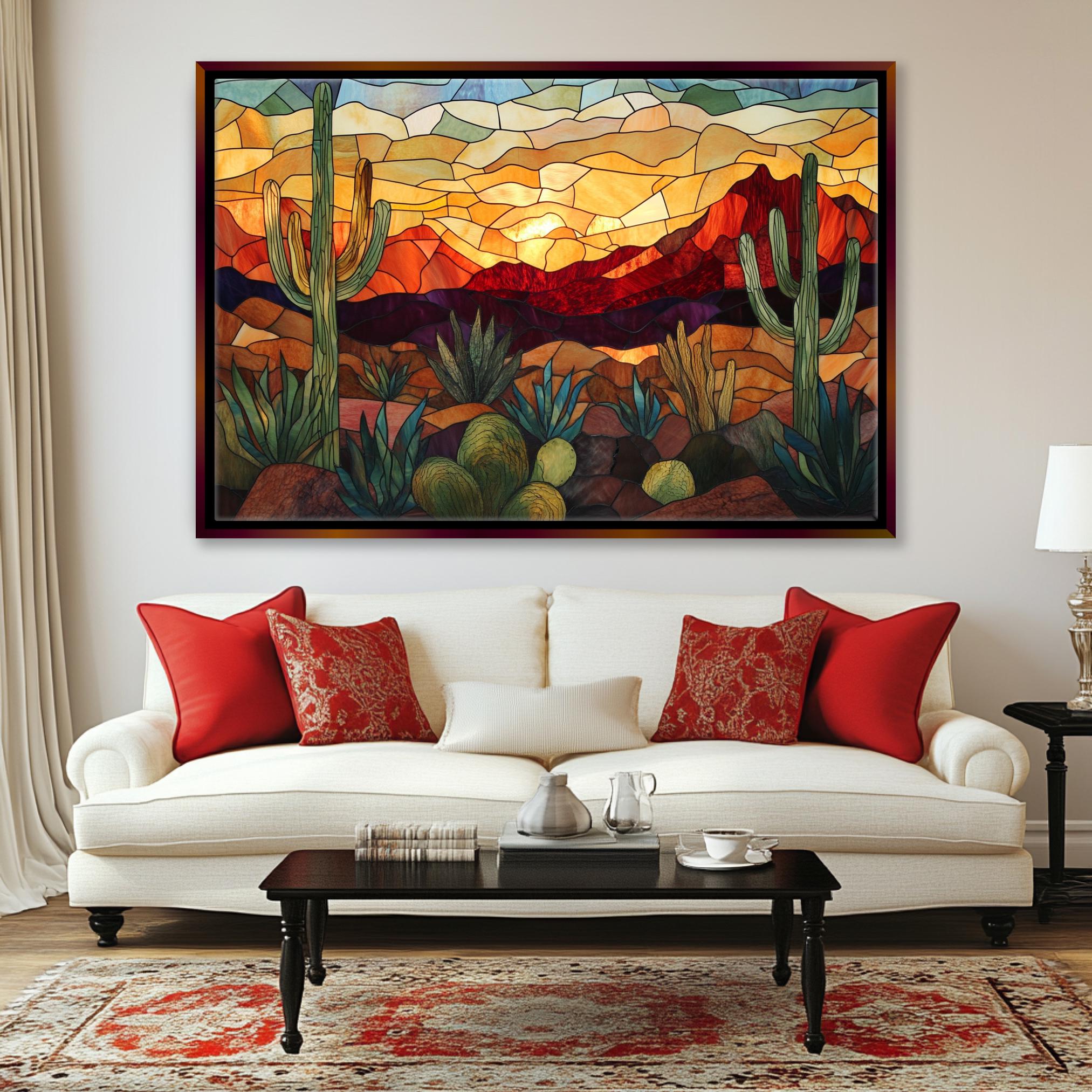 a living room with a couch and a painting on the wall