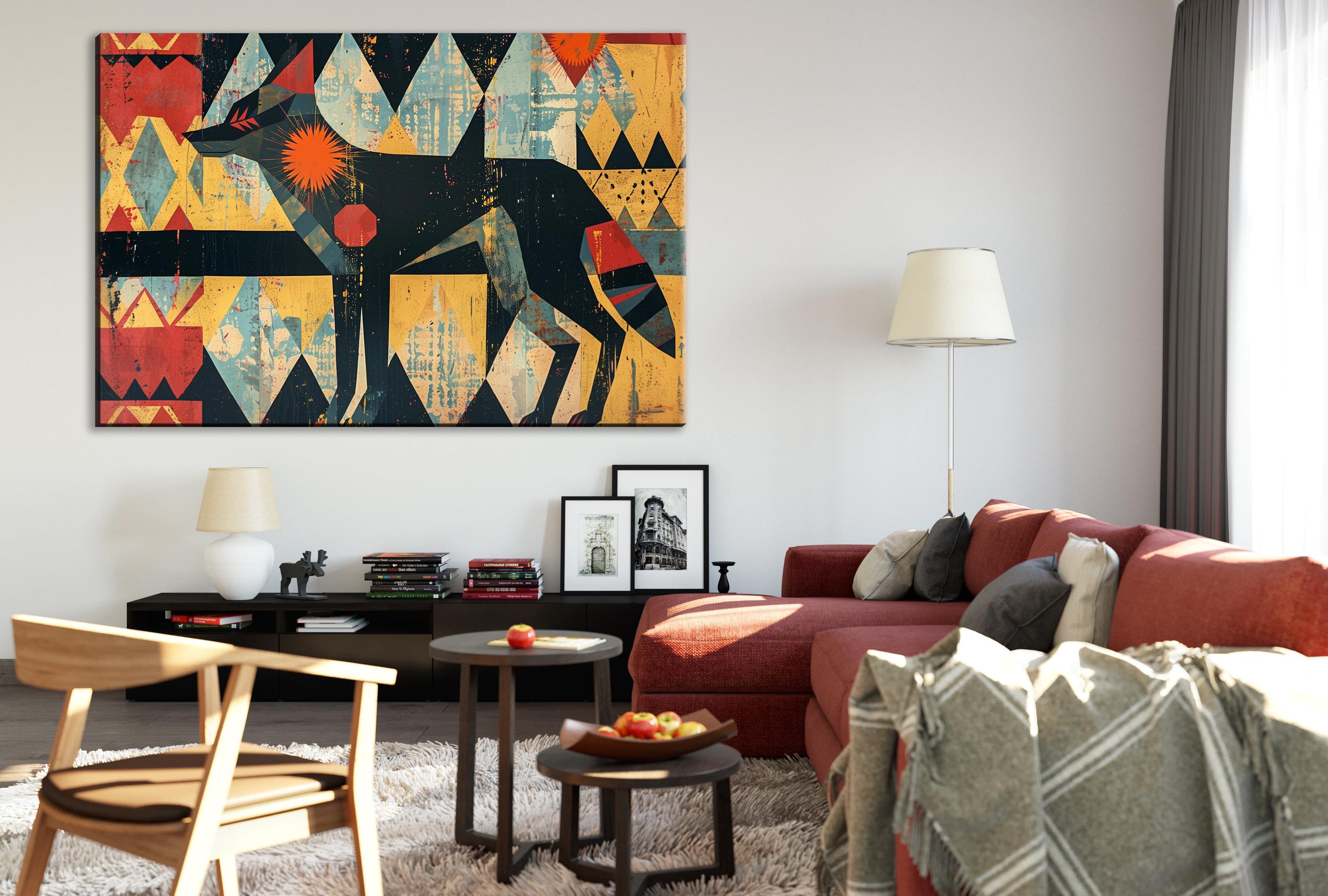 Native American Coyote Art – Modern Southwest Canvas | Large Tribal Spirit Painting