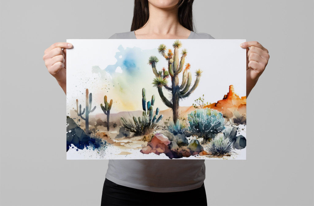 Serenity in the Sands: Watercolor Desert Painting, Giclee Print on Canvas, Artist Paper, Watercolor Paper, Available in Extra Large Sizes