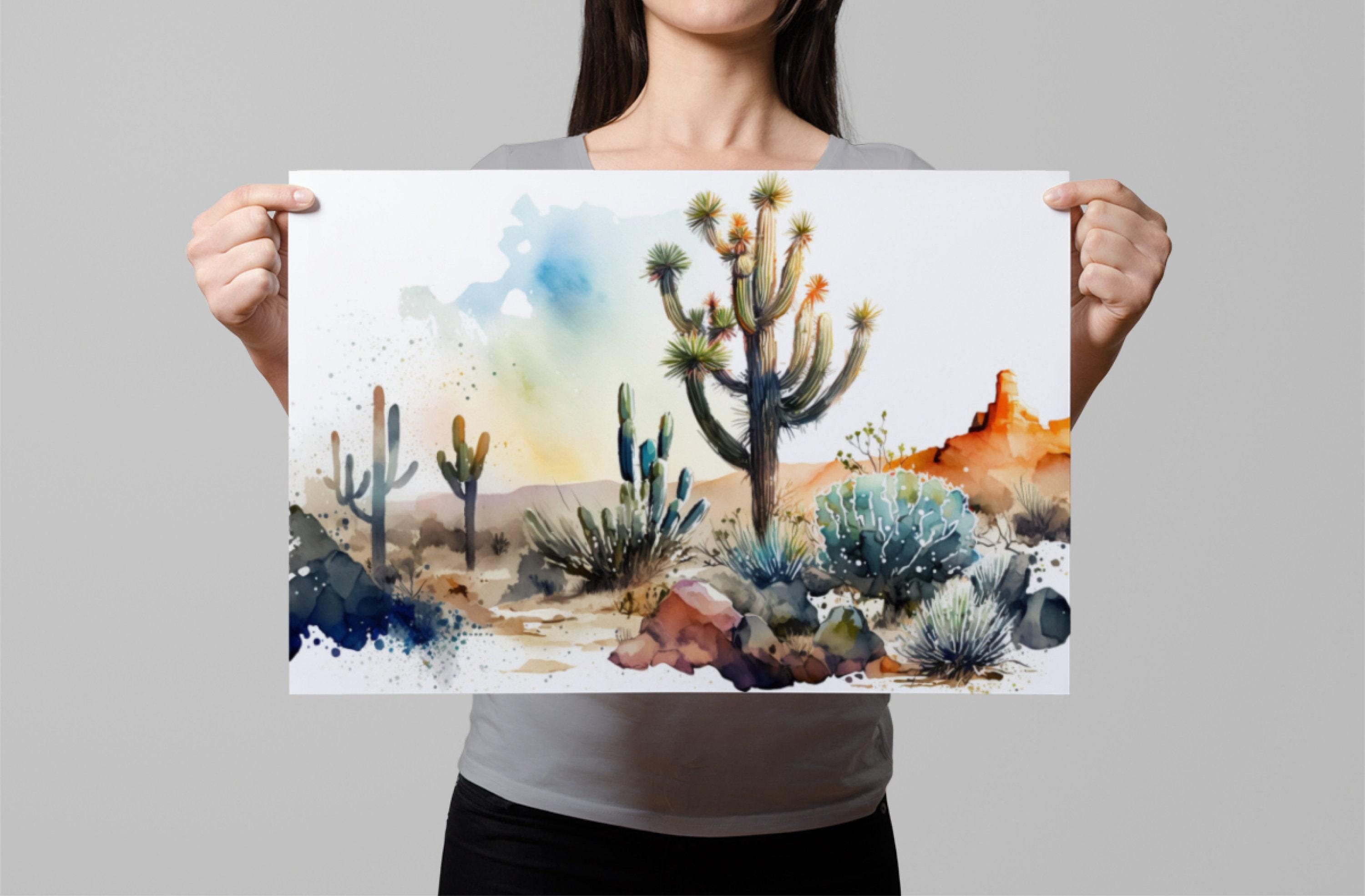 Serenity in the Sands: Watercolor Desert Painting, Giclee Print on Canvas, Artist Paper, Watercolor Paper, Available in Extra Large Sizes