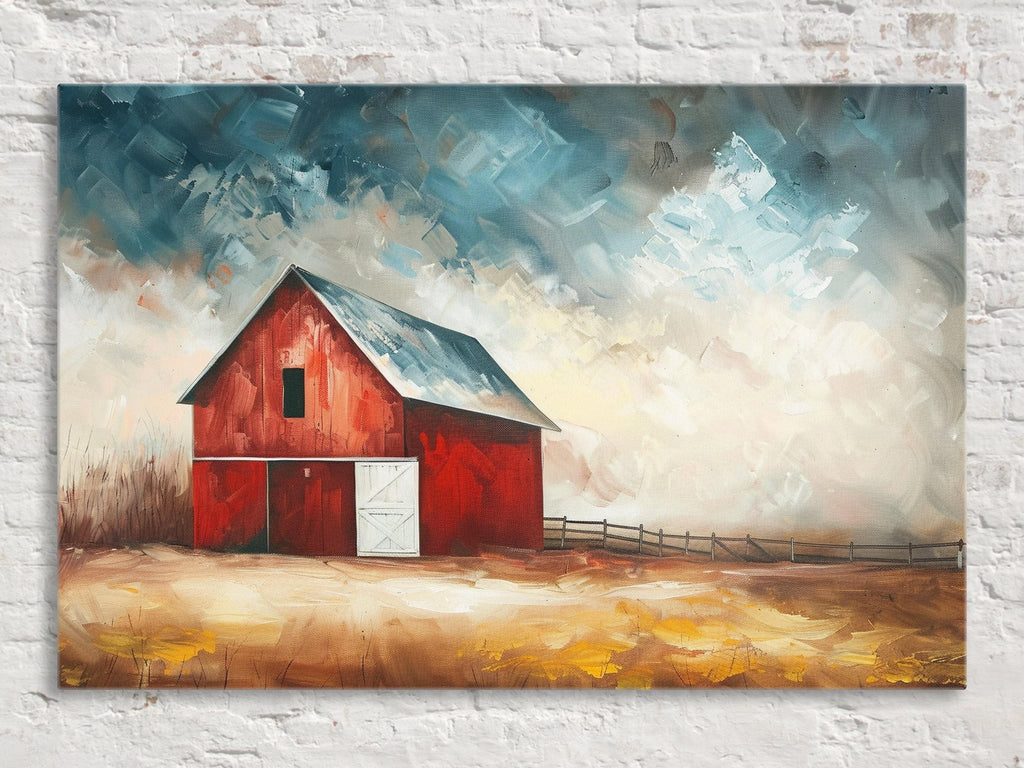 Rustic Farmhouse Wall Art - Large Canvas Art with Red Barn, Gallery Wrapped Canvas