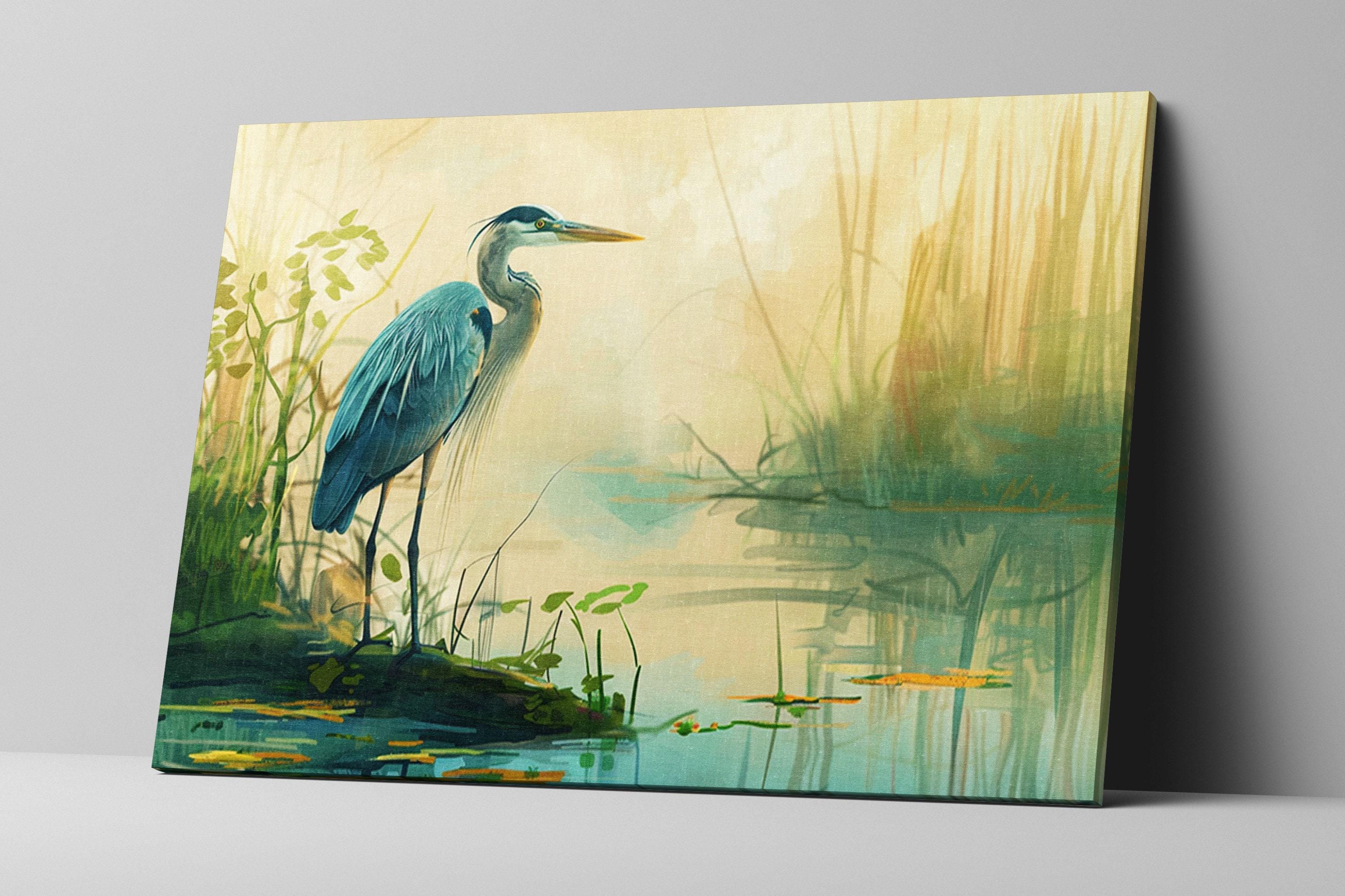 Blue Heron Wall Art – Large Canvas Print | Misty Morning Coastal Decor