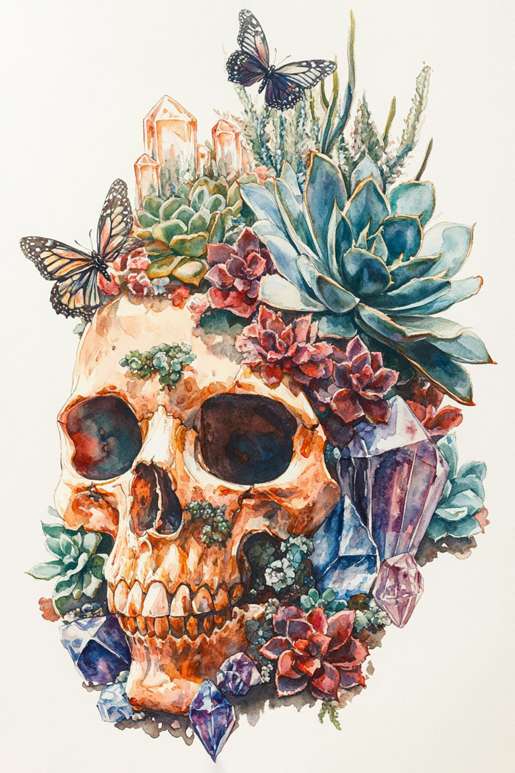 A colorful and intricate illustration depicting a skull surrounded by various plants, flowers, and butterflies.