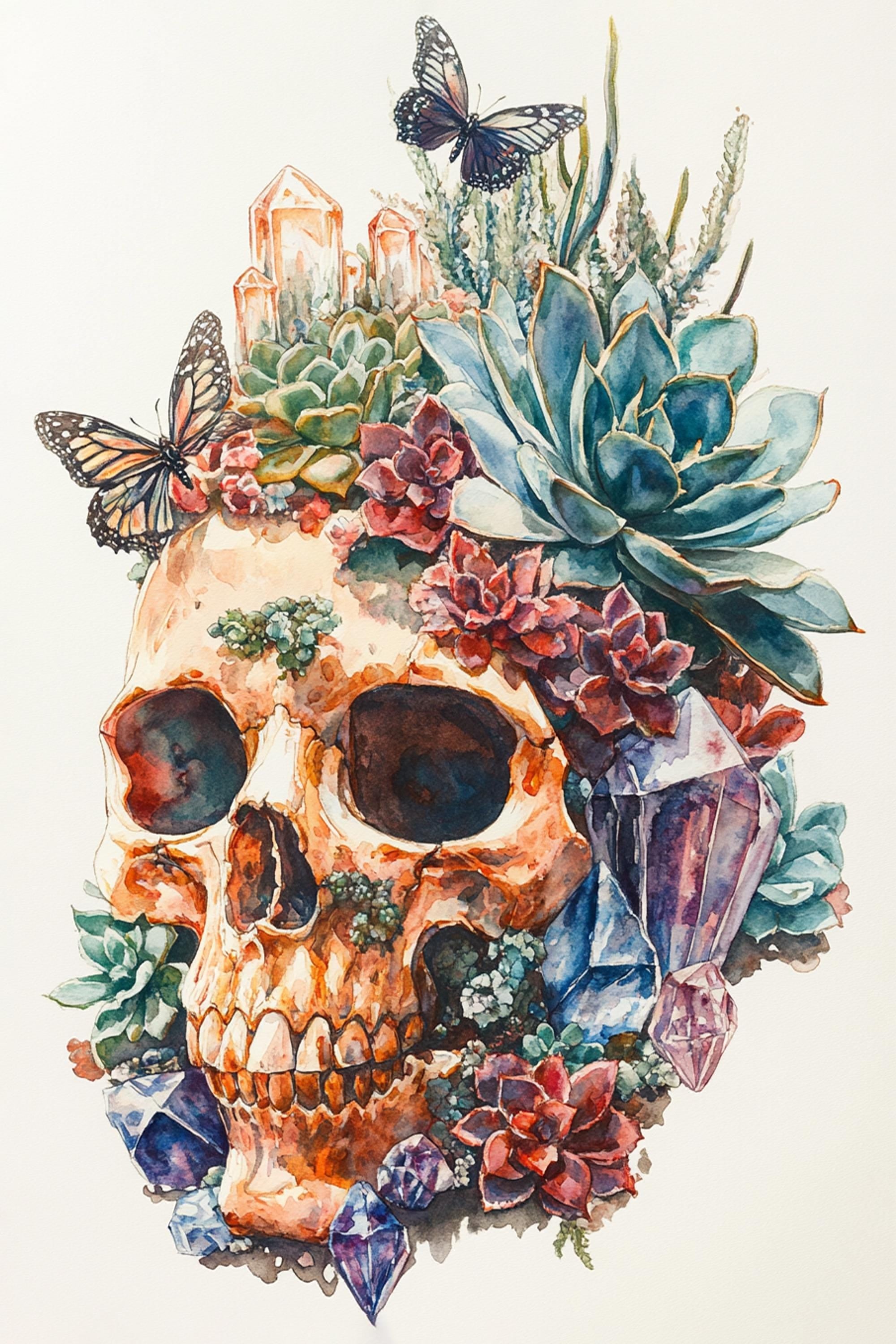 A colorful and intricate illustration depicting a skull surrounded by various plants, flowers, and butterflies.