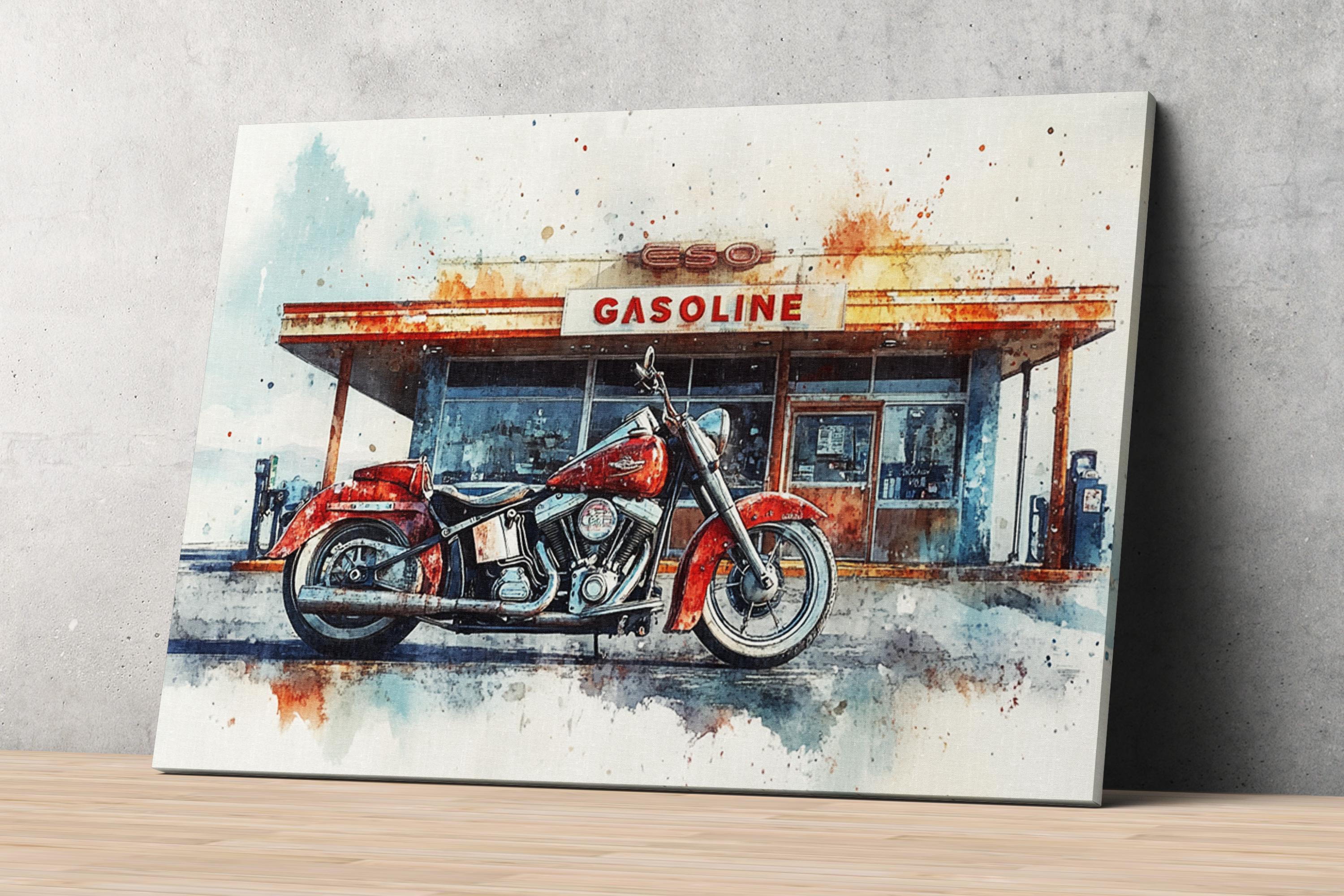 A red motorcycle is parked in front of a gas station with a "GASOLINE" sign above it.