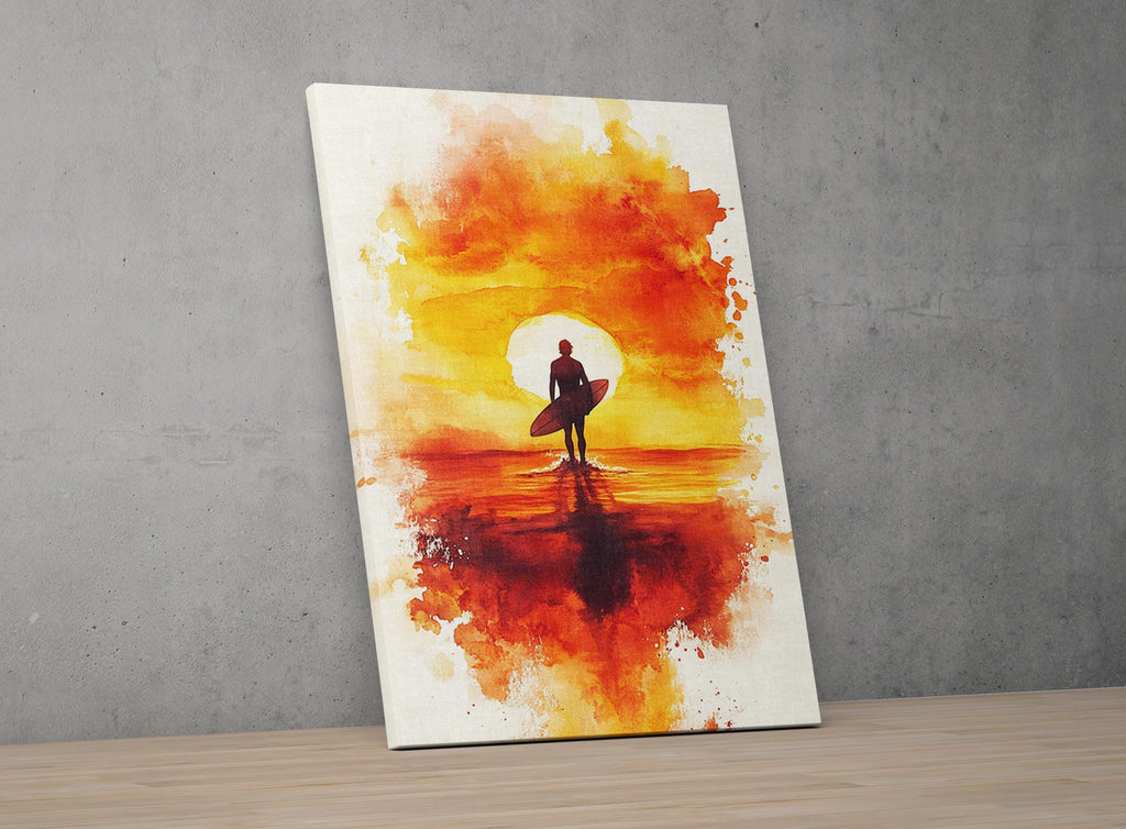 a surfer standing on a beach, holding a surfboard and facing the ocean, with a vibrant sunset in the background.