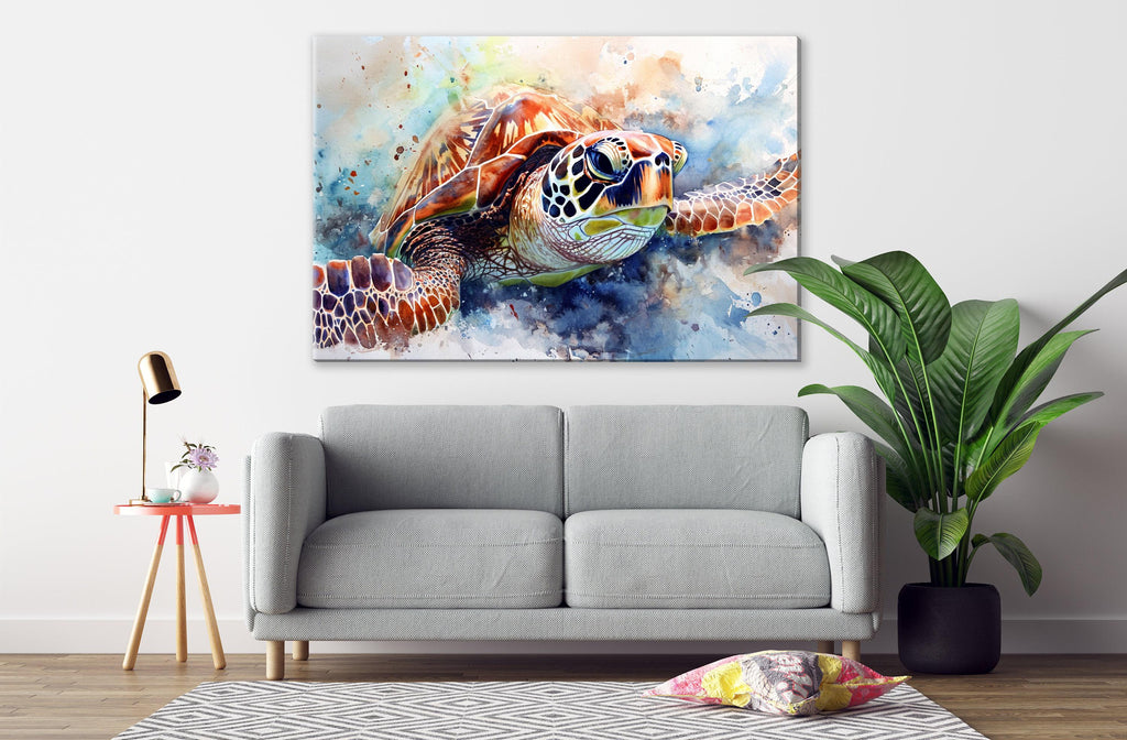 Playful Sea Turtle Watercolor Wall Art, Giclee Print on Canvas, Artist Paper, Watercolor Paper, Available in Extra Large Sizes