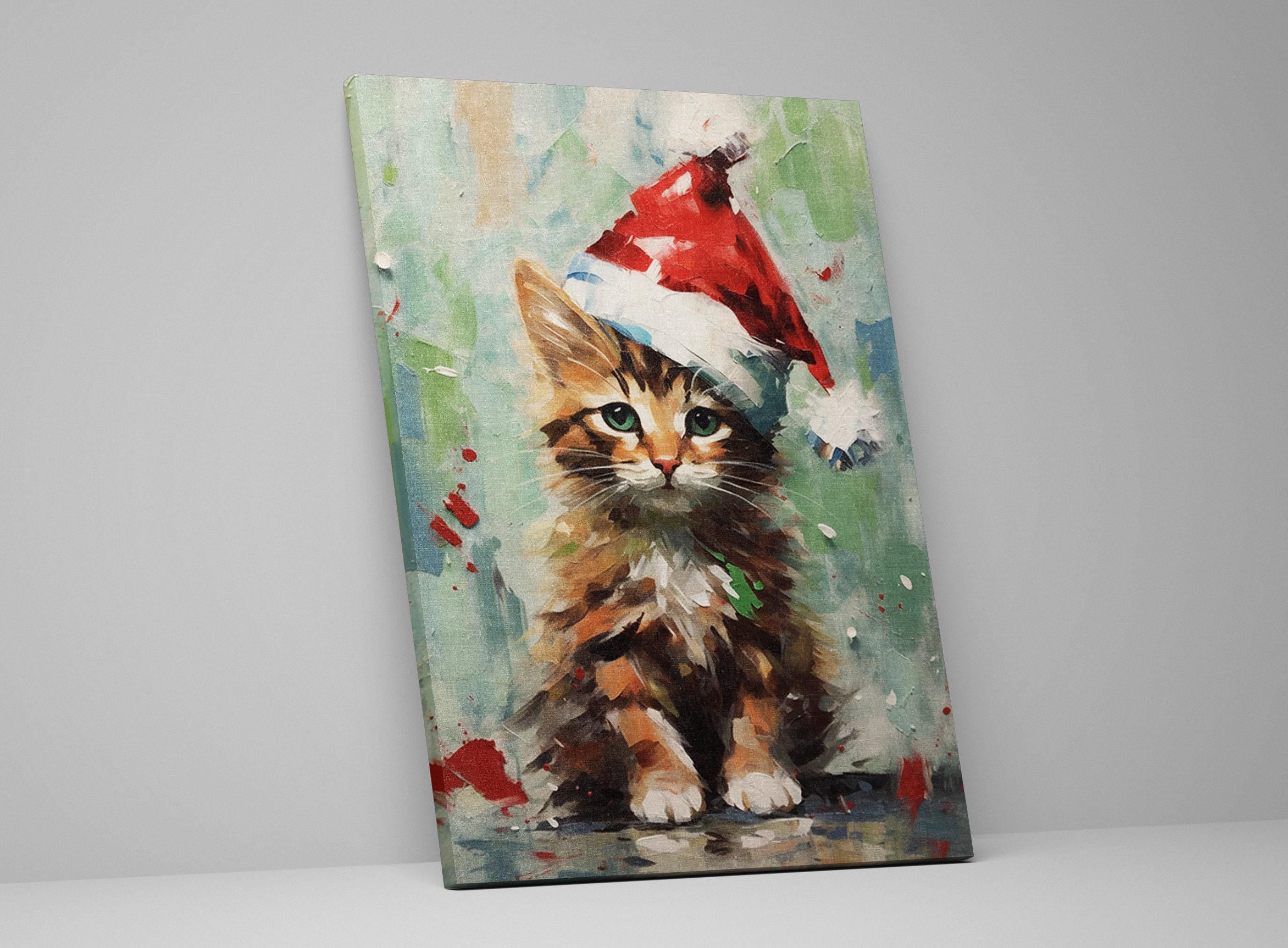 Santa Hat Kitten Painting - Festive Christmas Canvas Art | Gallery Wrapped Giclee Print