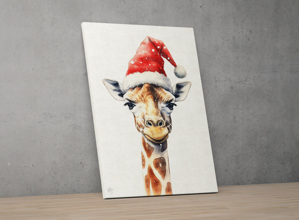 Festive Giraffe in Santa Hat Watercolor Art Print, Giclee Print on Canvas, Artist Paper, Watercolor Paper, Available in Extra Large Sizes