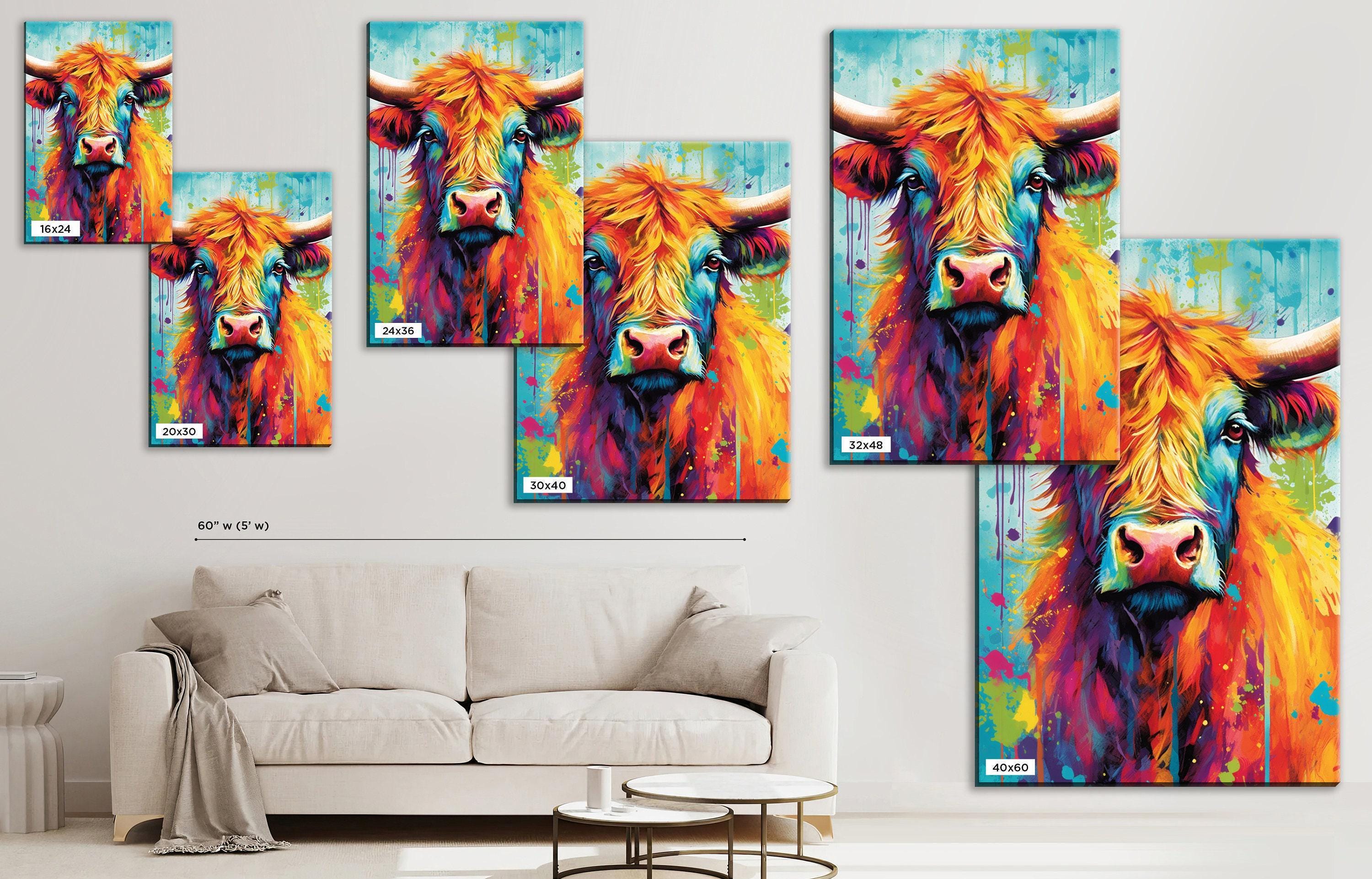 Highland Cow Painting – Watercolor Canvas Print | Colorful Cow Art on Large Canvas