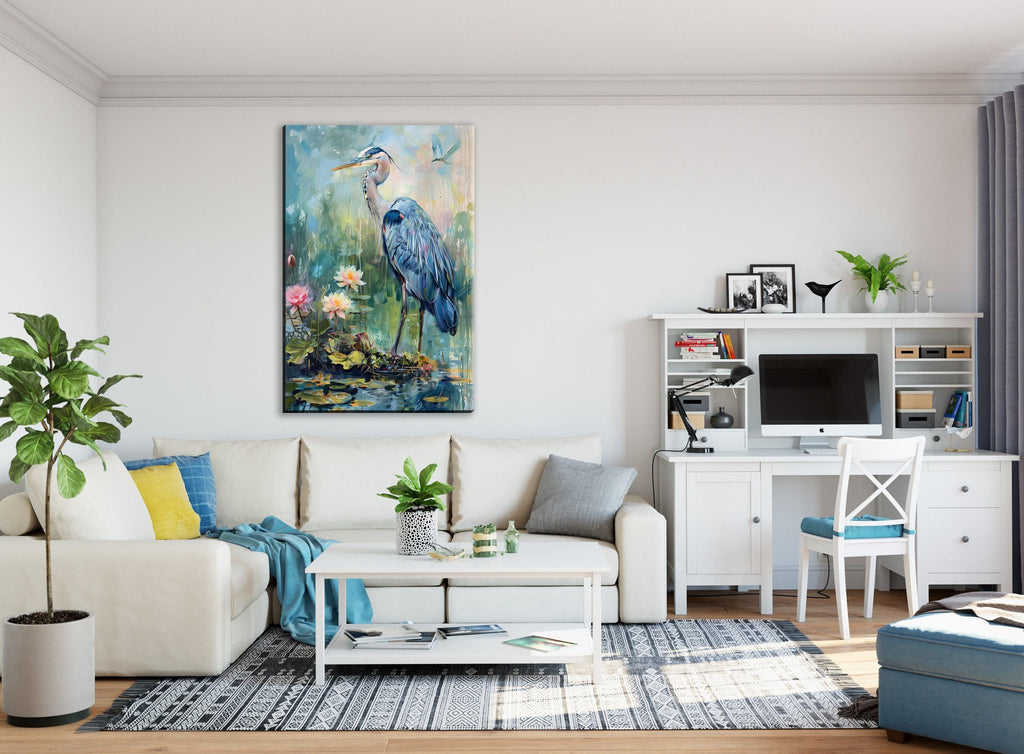 Blue Heron Wall Art – Large Coastal Canvas Art | Wetland Sanctuary Print on Gallery Wrapped Canvas