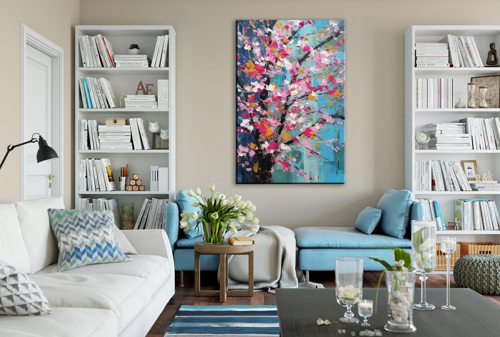 Cherry Blossom Canvas – Large Canvas Art | Abstract Floral Wall Decor in Pink & Blue