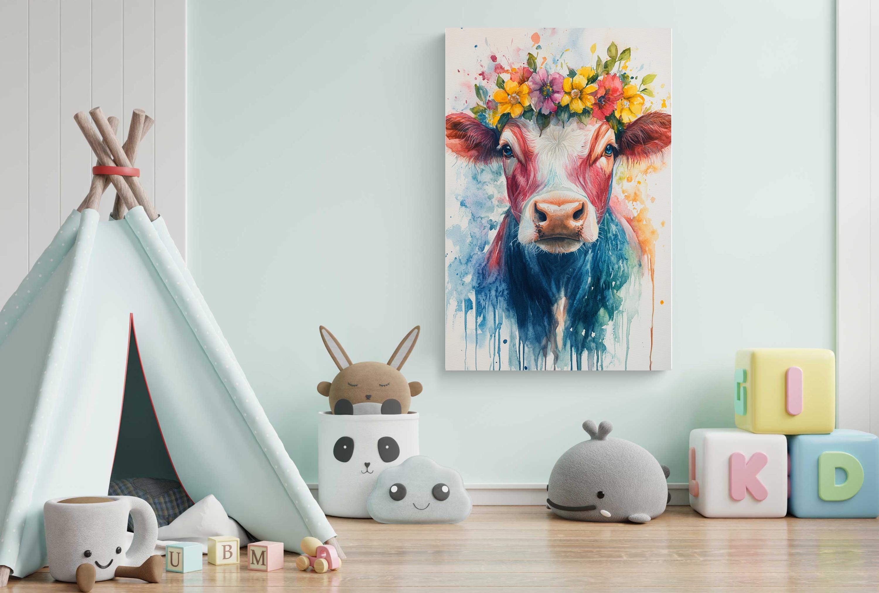 A colorful cow painting with a flower crown hangs on a wall, surrounded by a teepee, stuffed animals, and alphabet blocks.