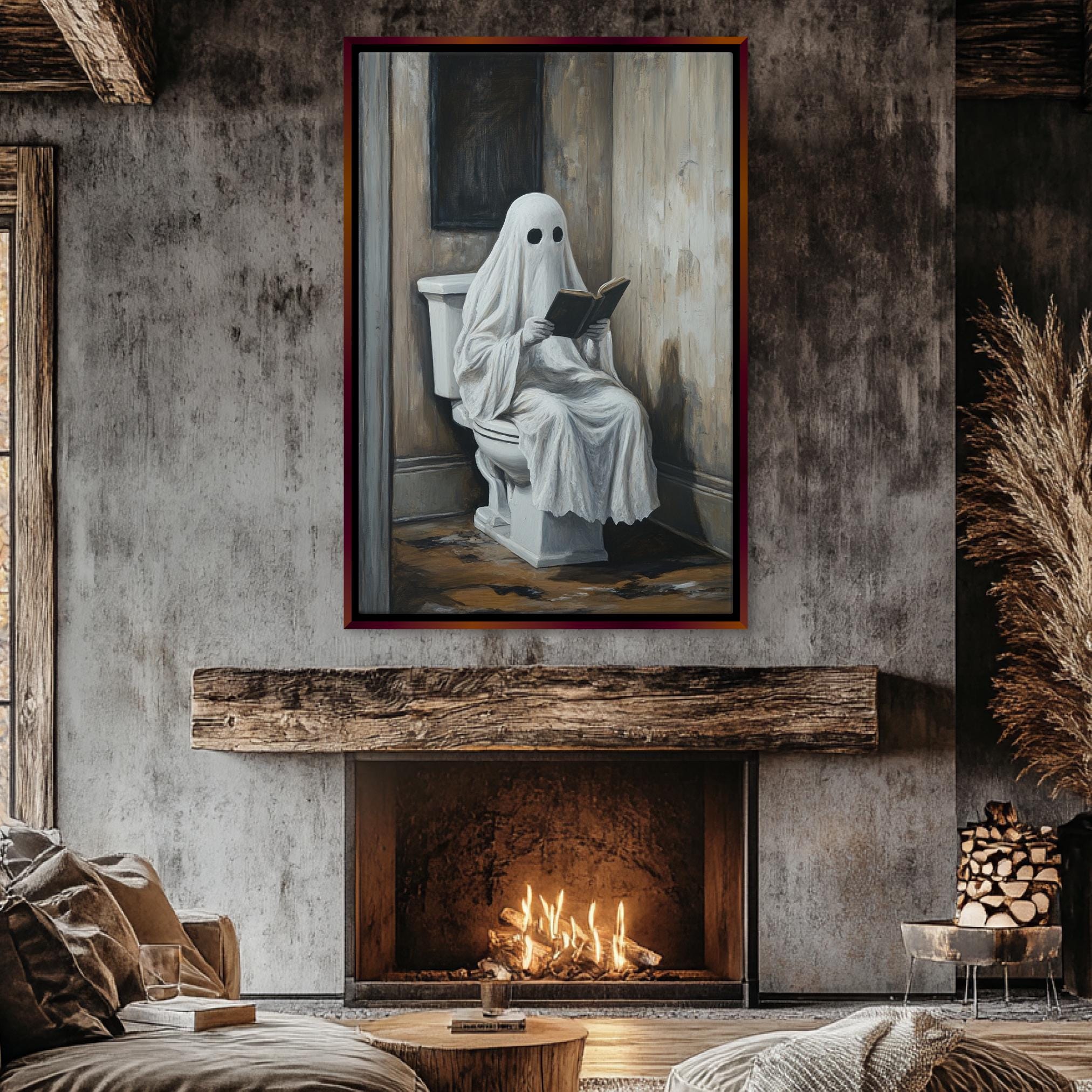 Funny Bathroom Art - Ghost Reading Toilet | Extra Large Wall Art, Gallery Wrapped Print