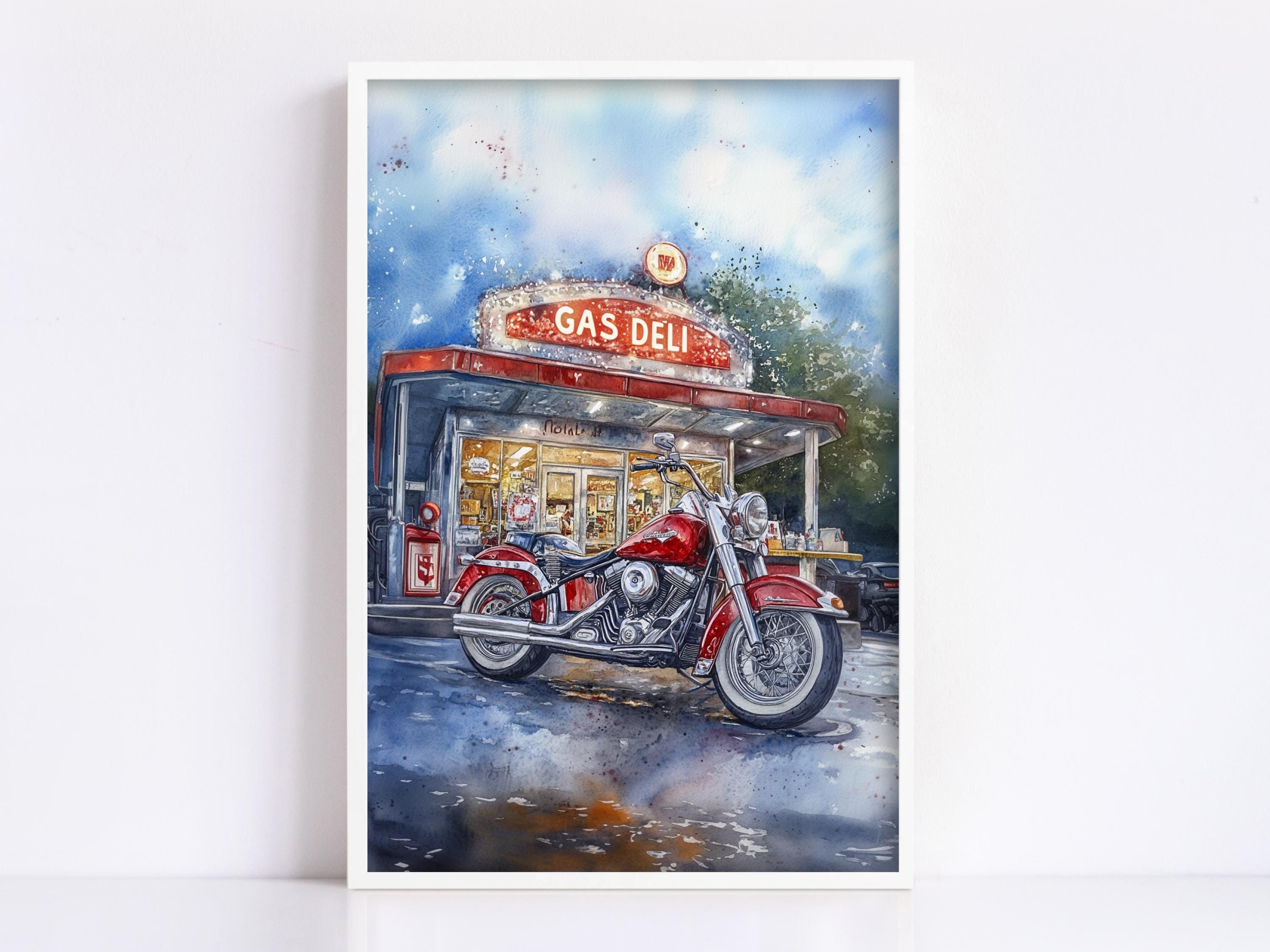 A red motorcycle parked in front of a gas station with a sign that reads "GAS DELI".
