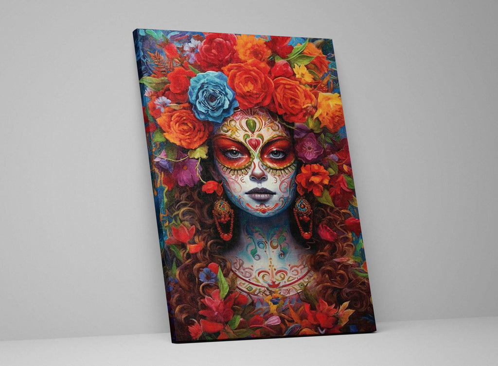 Sugar Skull Wall Art – Floral Skull Canvas Featuring Vibrant Mexican Remembrance Painting