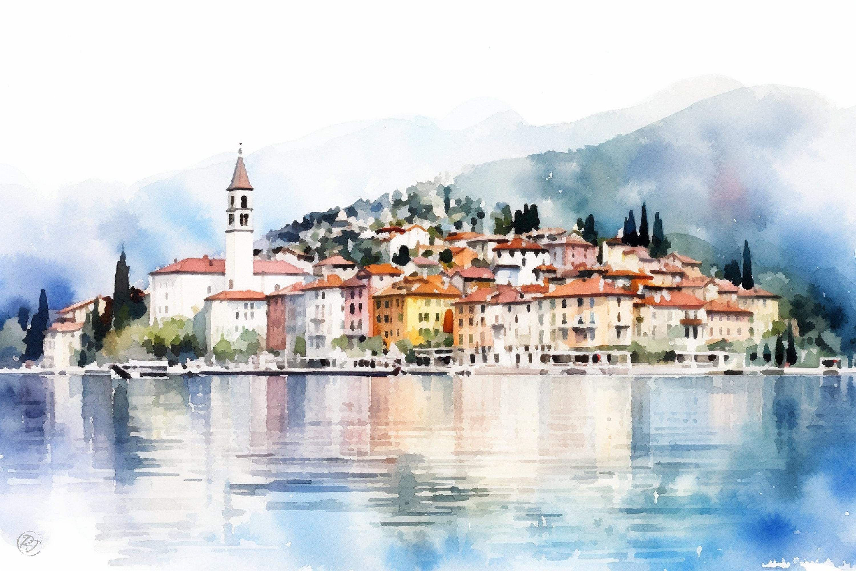 Lake Como Serenity: Bellagio Italy Watercolor Art, Giclee Print on Canvas, Artist Paper, Watercolor Paper, Available in Extra Large Sizes