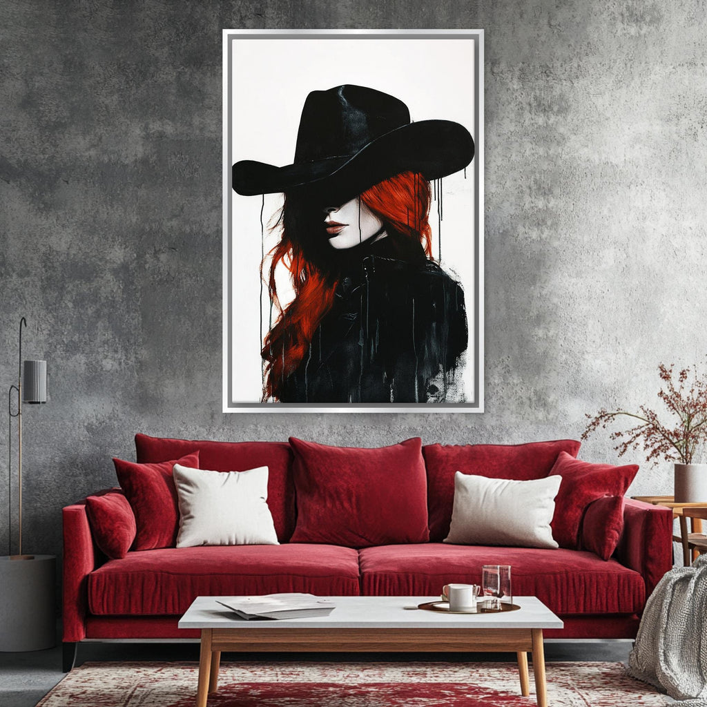 a painting of a woman with red hair wearing a cowboy hat