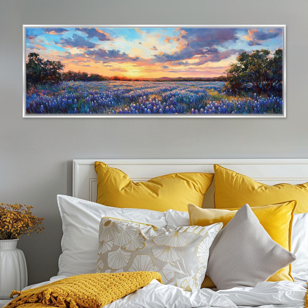 a painting of a sunset over a field of flowers