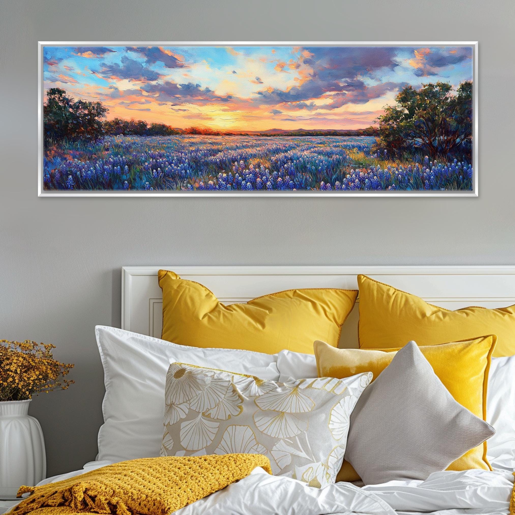 a painting of a sunset over a field of flowers