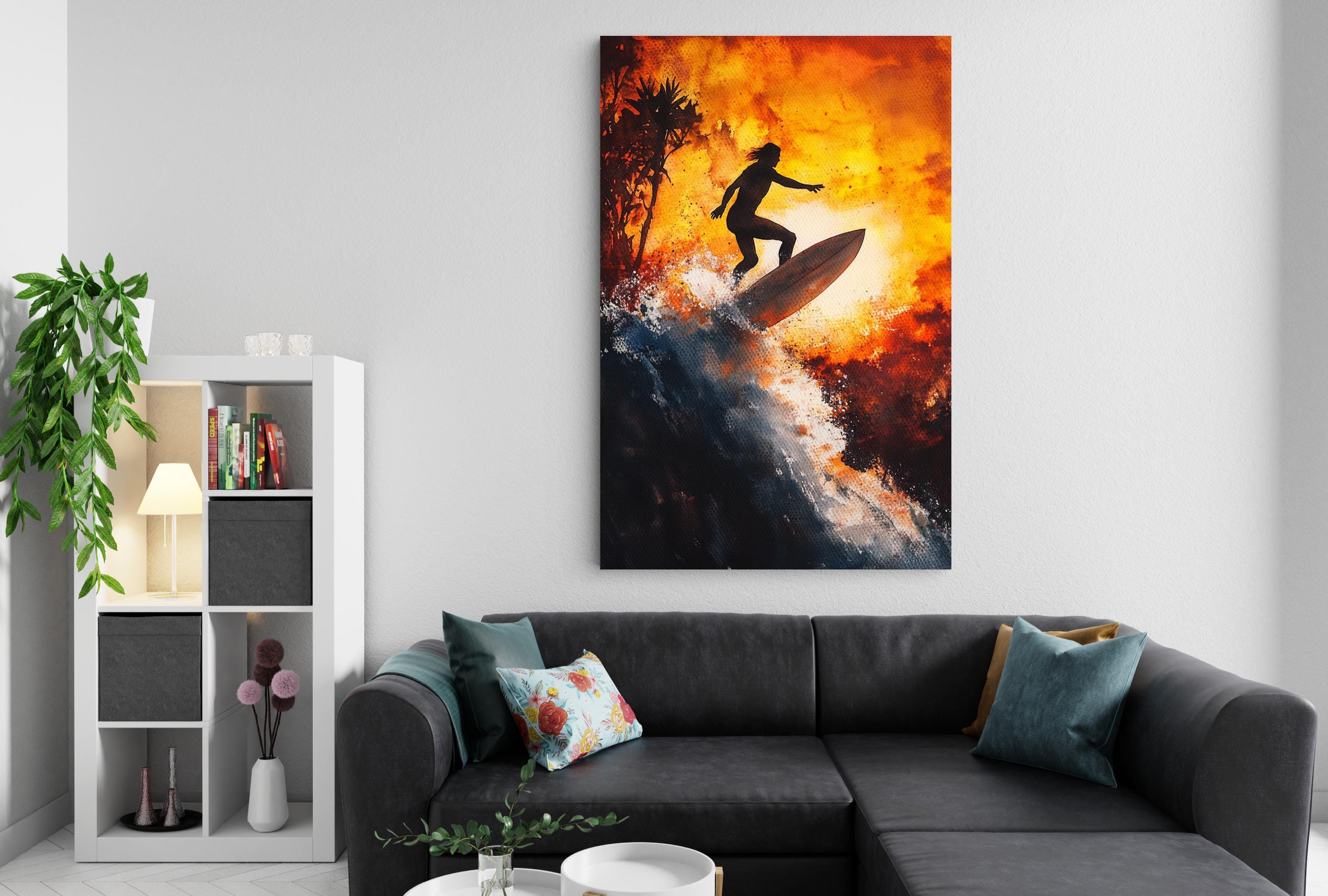 a person surfing on a wave, with a dramatic orange and red sky in the background.