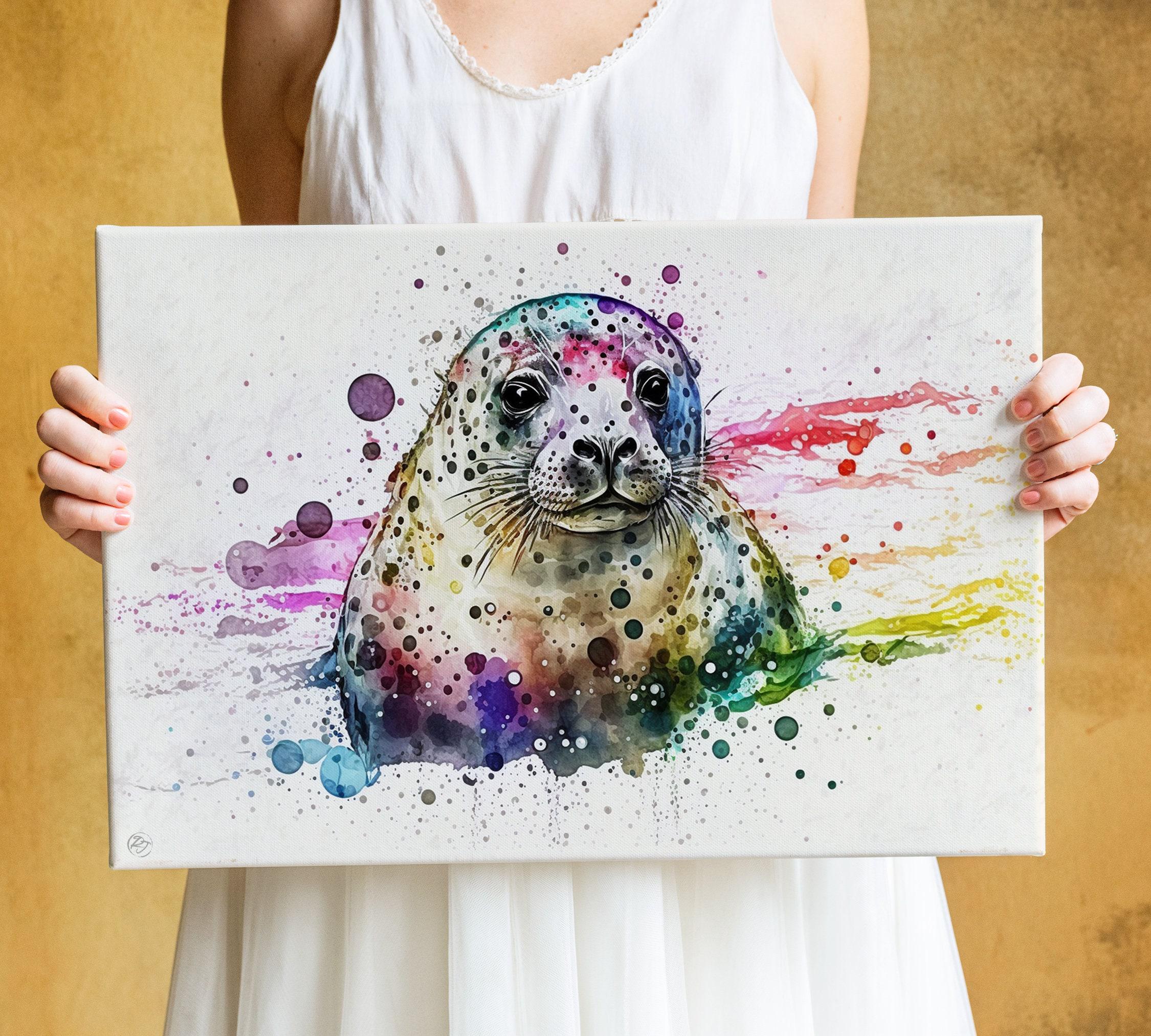 Marine Serenity: Seal Watercolor Painting, Giclee Print on Canvas, Artist Paper, Watercolor Paper, Available in Extra Large Sizes