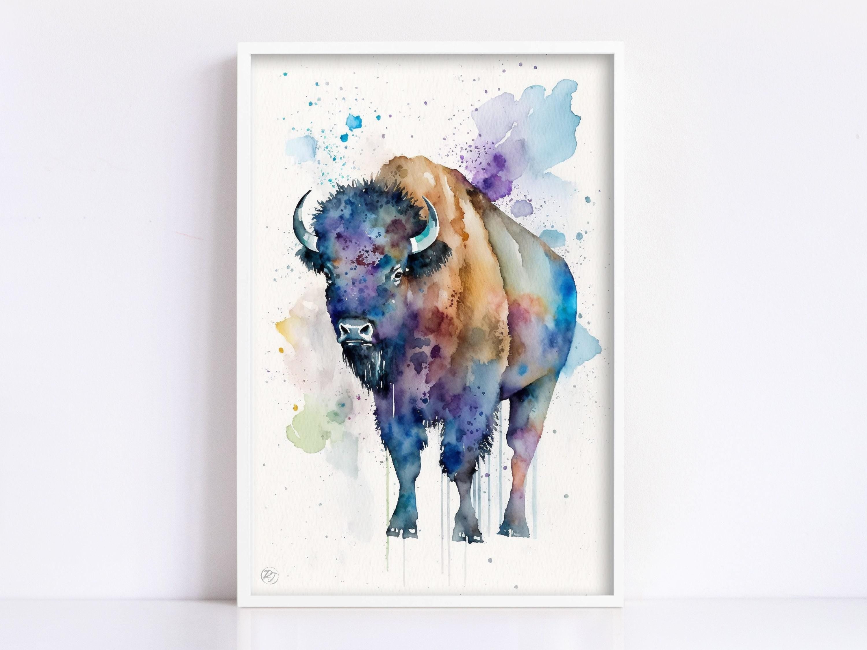 Wildlife Grace: Bison Watercolor Painting, Giclee Print on Canvas, Artist Paper, Watercolor Paper, Available in Extra Large Sizes