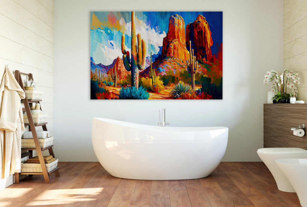a bathroom with a large, colorful painting of a desert landscape hanging on the wall above a freestanding bathtub.