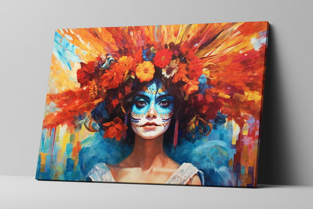 Day of the Dead Art - Large Canvas Sugar Skull Wall Art With Vibrant Flower Hair
