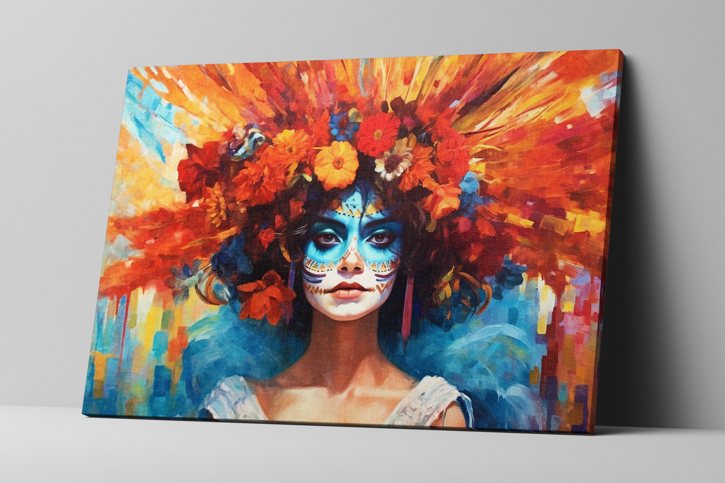 Day of the Dead Art - Large Canvas Sugar Skull Wall Art With Vibrant Flower Hair