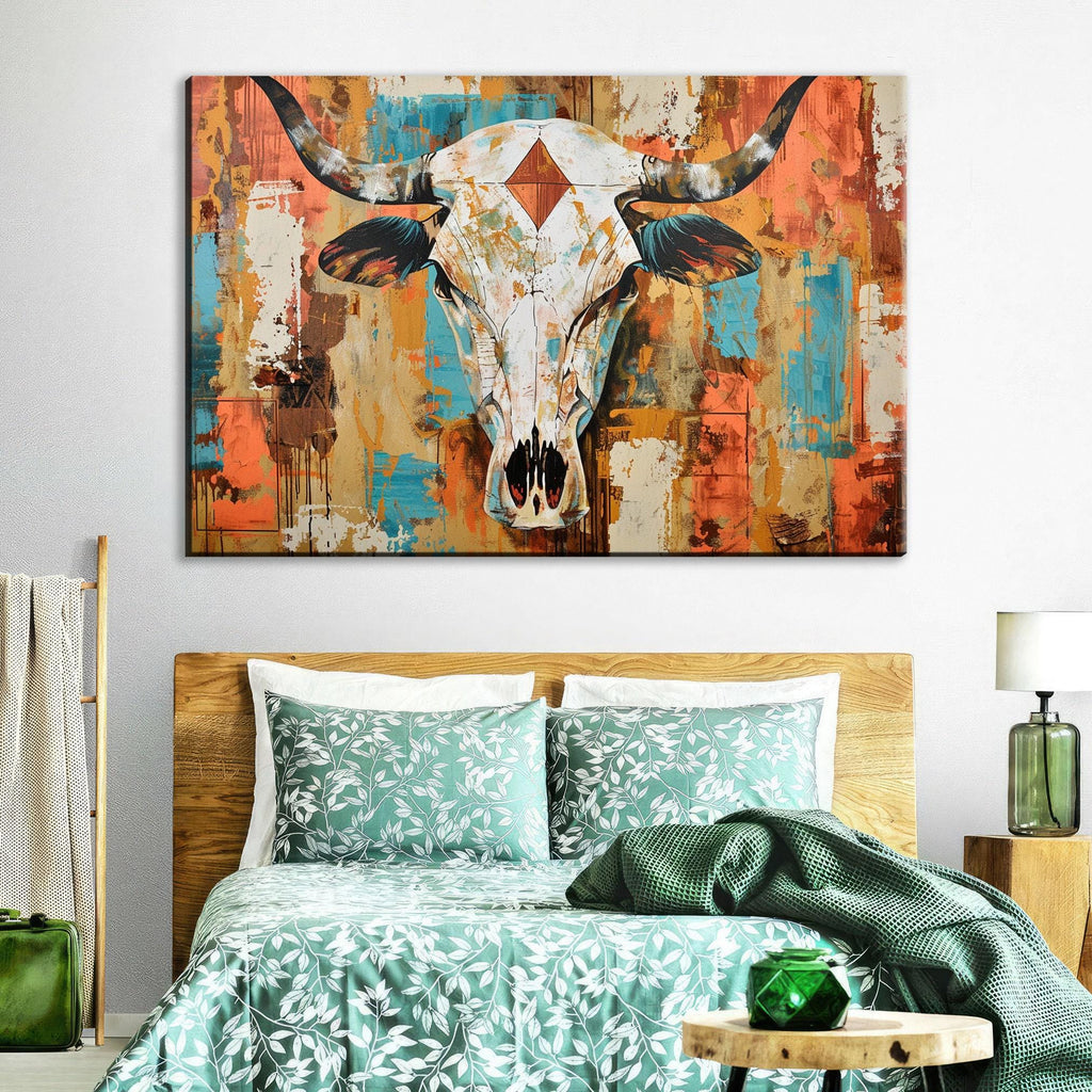 Texas Cow Skull Art | Rustic Wall Art on Gallery Wrapped Canvas - Large Print