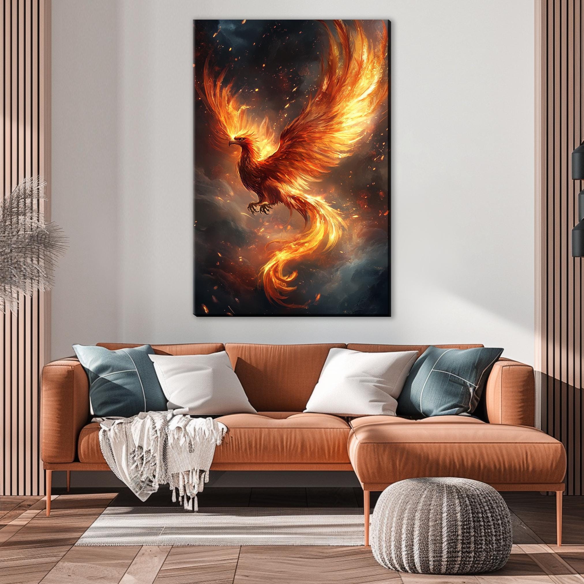a living room with a couch and a painting on the wall
