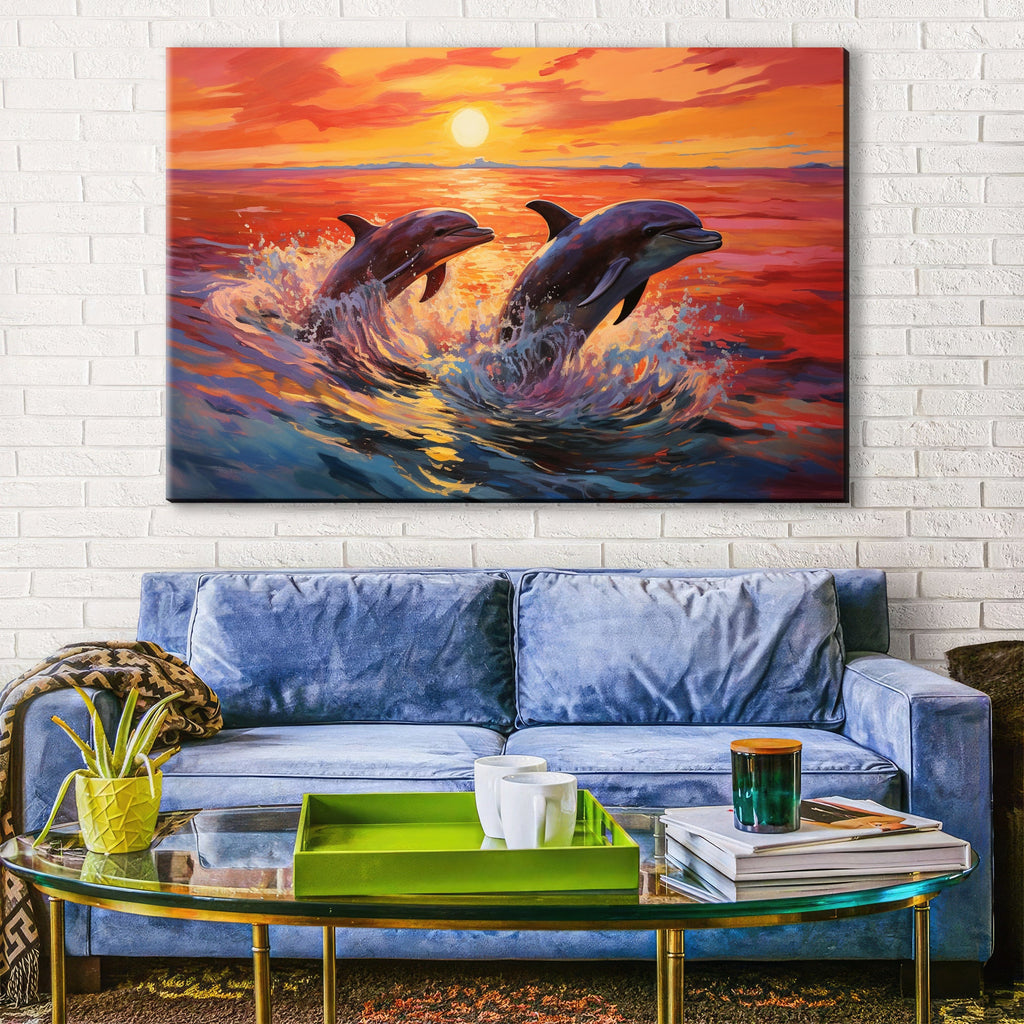 Dolphin Canvas Art – Large Ocean Wall Art | Pair of Dolphins, UV Coated Gallery Print