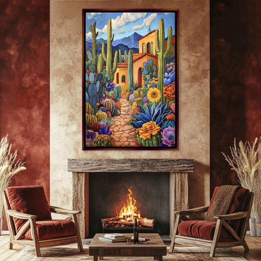 a living room with a fire place and a painting on the wall