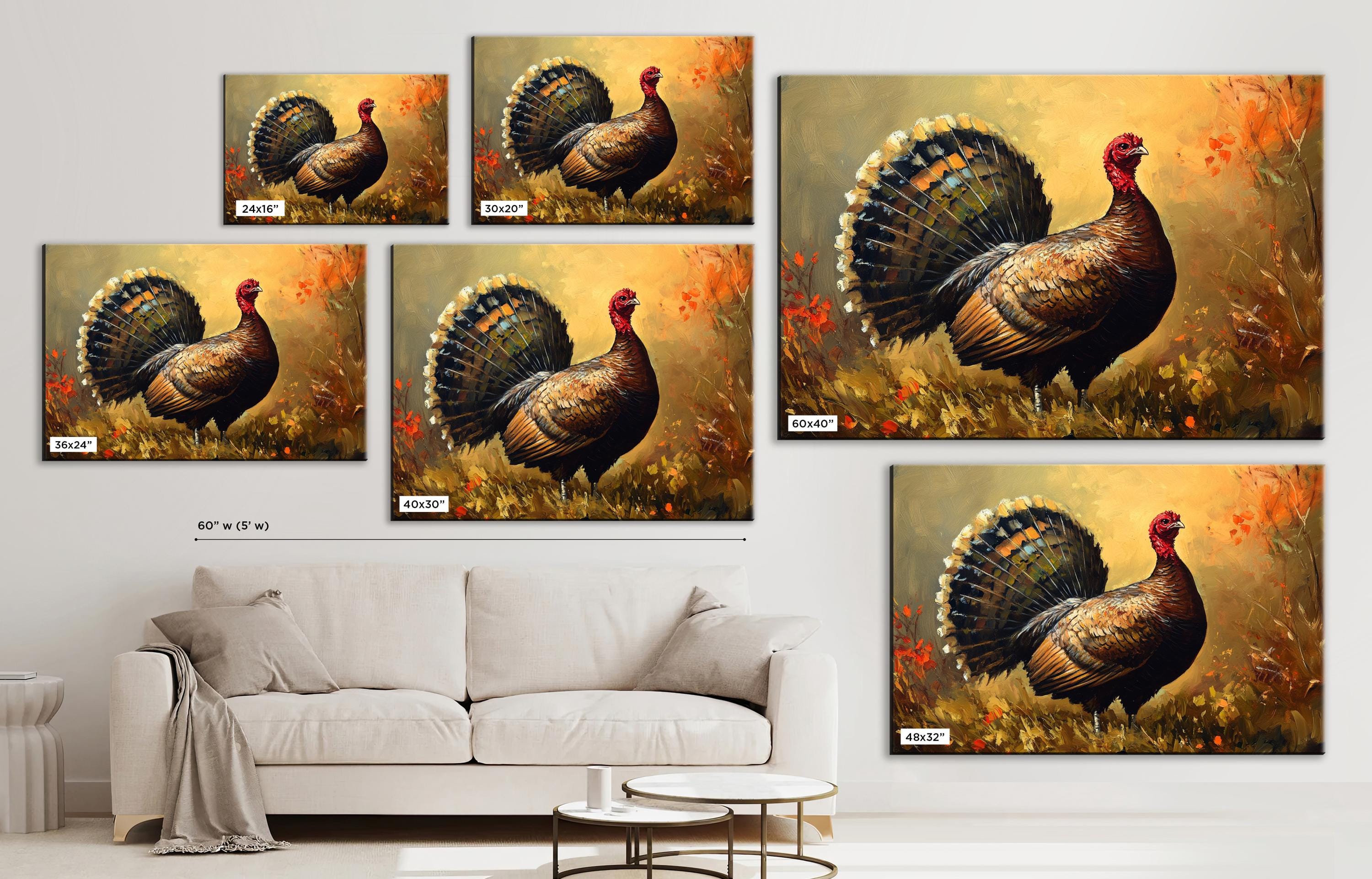 The image is a collage of five paintings depicting turkeys in various poses and settings, including a close-up of a turkey's head and tail feathers.