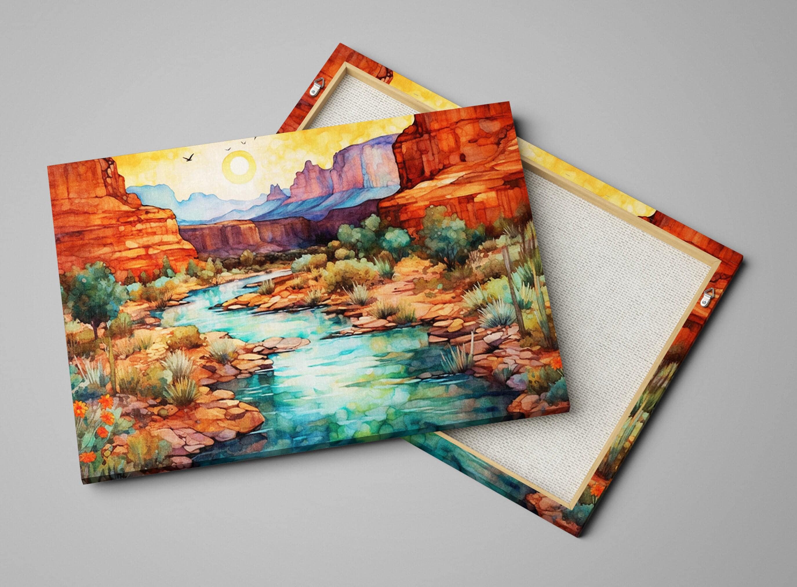 The image is a watercolor painting depicting a scenic landscape with a river, mountains, and a sun in the sky.